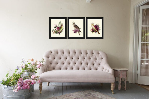 Royal Crown Birds Wall Art Prints Set of 3 Beautiful Whimsical Fairy Tail Illustration Picture Purple Flowers Home Room Decor to Frame DC