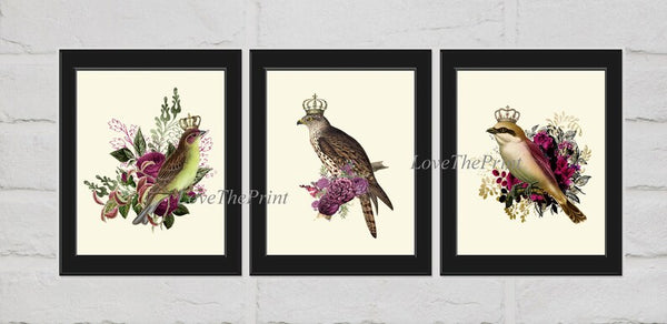 Royal Crown Birds Wall Art Prints Set of 3 Beautiful Whimsical Fairy Tail Illustration Picture Purple Flowers Home Room Decor to Frame DC