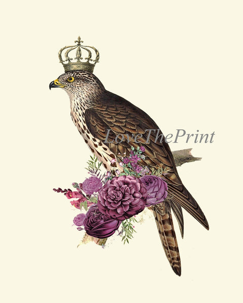 Royal Crown Birds Wall Art Prints Set of 3 Beautiful Whimsical Fairy Tail Illustration Picture Purple Flowers Home Room Decor to Frame DC