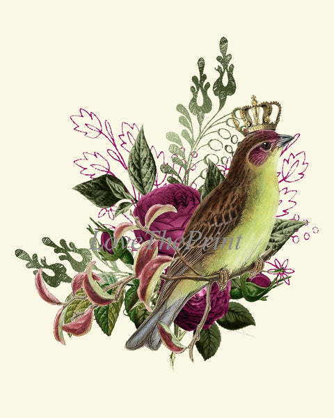 Royal Crown Birds Wall Art Prints Set of 3 Beautiful Whimsical Fairy Tail Illustration Picture Purple Flowers Home Room Decor to Frame DC