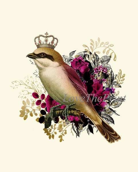 Royal Crown Birds Wall Art Prints Set of 3 Beautiful Whimsical Fairy Tail Illustration Picture Purple Flowers Home Room Decor to Frame DC