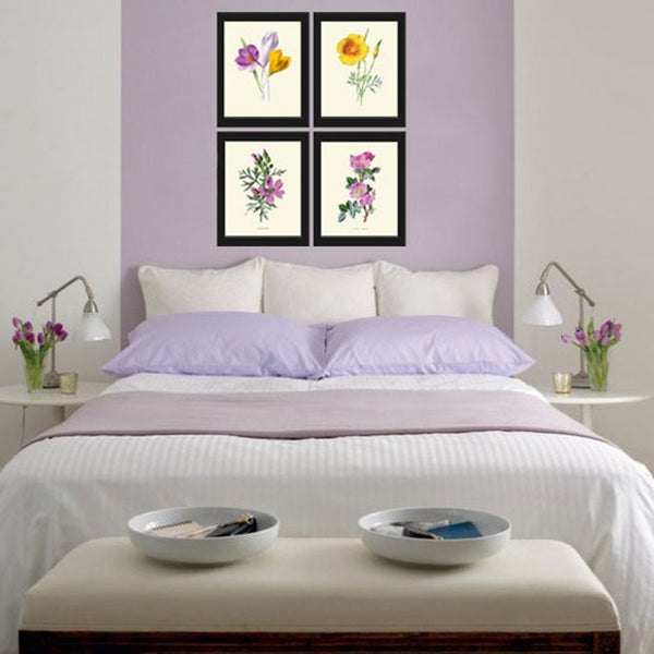 Wildflowers Prints Botanical Wall Art Set of 4 Beautiful Vintage Crocus Sweet Briar Eschscholzia Mallow Pink Yellow Flowers to Frame HULM
