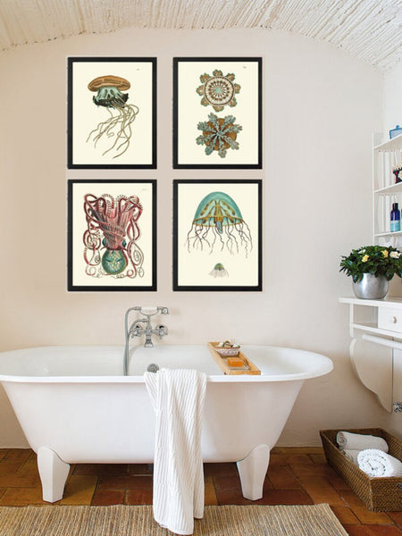 Octopus Jellyfish Wall Art Set of 4 Beautiful Antique Vintage Sea Ocean Beach Tropical Bathroom Bedroom Illustration Home Decor to Frame NS