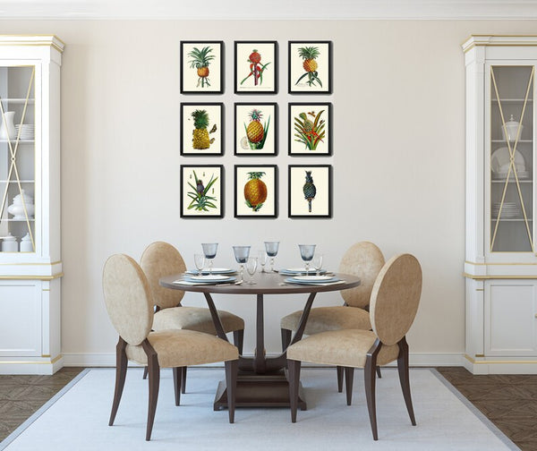 Pineapple Prints Tropical Fruit Wall Art Set of 9 Botanical Antique Vintage Plants Kitchen Dining Room Decoration Home Decor to Frame PINA