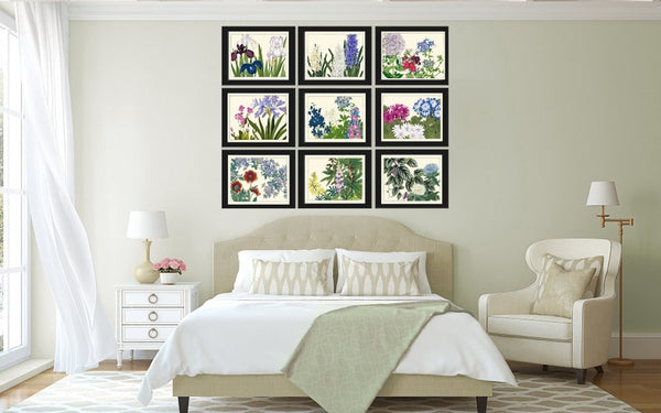 Botanical Wall Art Set of 9 Prints Beautiful Vintage Antique Blue Pink Flowers Wildflowers Horizontal Orientation Home Decor to Frame SUFU