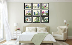 Botanical Wall Art Set of 9 Prints Beautiful Vintage Antique Blue Pink Flowers Wildflowers Horizontal Orientation Home Decor to Frame SUFU