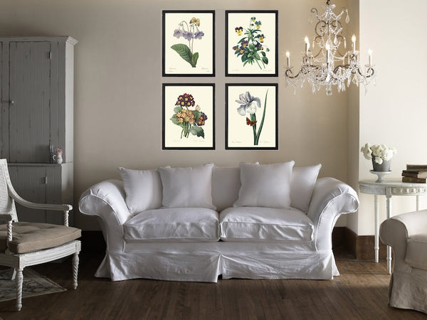 Purple Violet Lilac Flowers Botanical Wall Art Set of 4 Prints Beautiful Vintage Iris Pansy Gloxinia Illustration Home Decor to Frame REDT