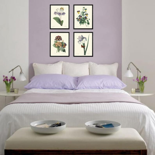 Purple Violet Lilac Flowers Botanical Wall Art Set of 4 Prints Beautiful Vintage Iris Pansy Gloxinia Illustration Home Decor to Frame REDT