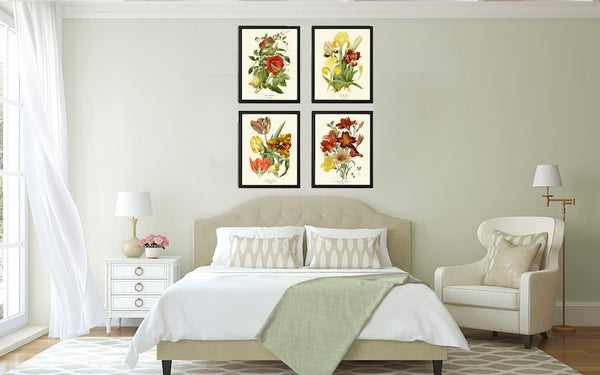Botanical Print Set of 4 Prints Tulip Lily Iris Beautiful Antique Wall Art Colorful Flowers Floral Illustration Home Room Decor to Frame STE