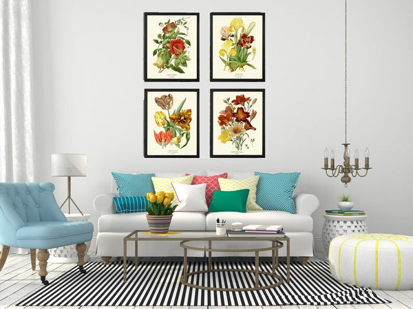 Botanical Print Set of 4 Prints Tulip Lily Iris Beautiful Antique Wall Art Colorful Flowers Floral Illustration Home Room Decor to Frame STE