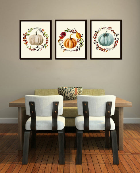 Thanksgiving Wall Art Fall Home Decor Prints Set of 3 White Orange Pumpkins Wreath Decoration Dining Room Fireplace Home Decor to Frame CM