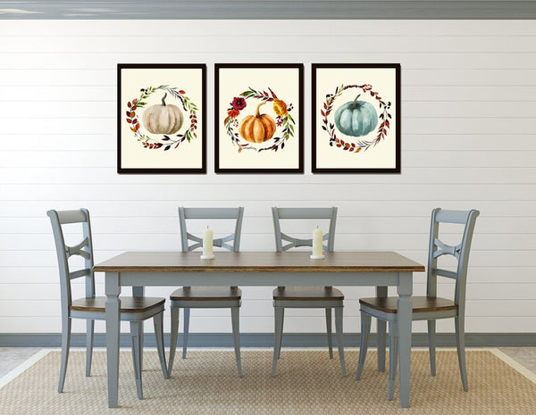 Thanksgiving Wall Art Fall Home Decor Prints Set of 3 White Orange Pumpkins Wreath Decoration Dining Room Fireplace Home Decor to Frame CM