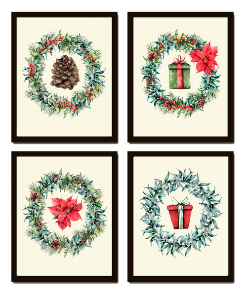 Christmas Wall Art Holiday Home Decor Print Set of 4 Pinecone Gift Boxes Red Poinsettia Wreath Dining Room Fireplace Home Decor to Frame CM