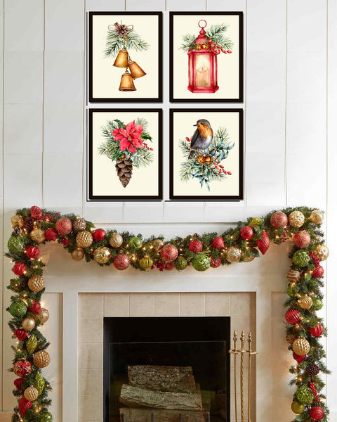 Christmas Wall Art Holiday Home Decor Print Set of 4 Bells Pinecone Lantern Bird Red Poinsettia Dining Room Fireplace Home Decor to Frame CM