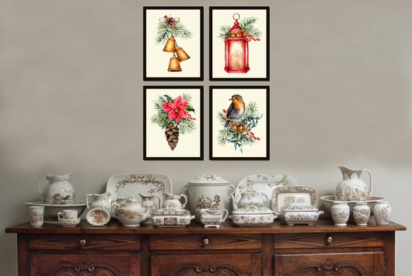 Christmas Wall Art Holiday Home Decor Print Set of 4 Bells Pinecone Lantern Bird Red Poinsettia Dining Room Fireplace Home Decor to Frame CM