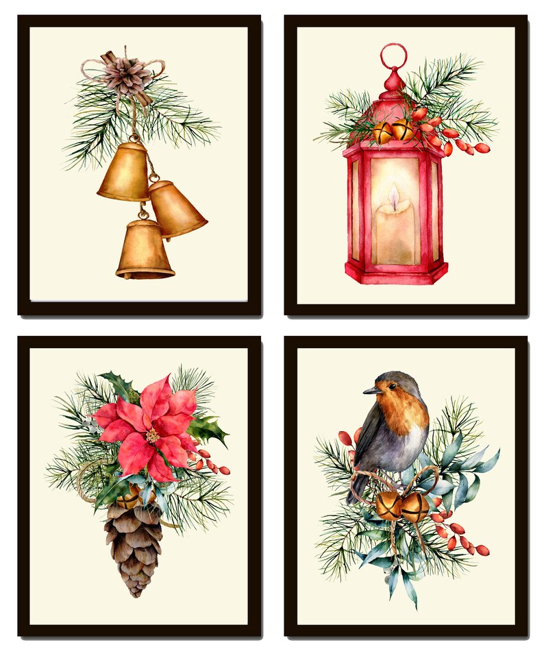 Christmas Wall Art Holiday Home Decor Print Set of 4 Bells Pinecone Lantern Bird Red Poinsettia Dining Room Fireplace Home Decor to Frame CM