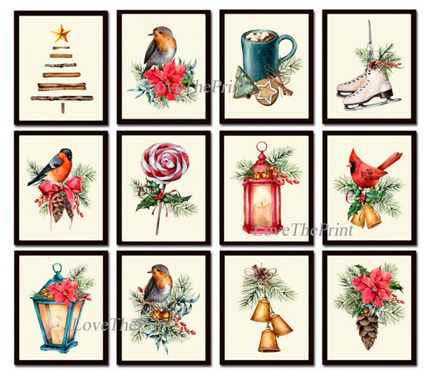 Christmas Wall Art Holiday Set of 12 Prints Beautiful Birds Coffee Mug Pinecone Lanterns Bell Interior Design Gallery Home Decor to Frame CM