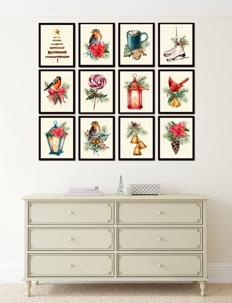 Christmas Wall Art Holiday Set of 12 Prints Beautiful Birds Coffee Mug Pinecone Lanterns Bell Interior Design Gallery Home Decor to Frame CM