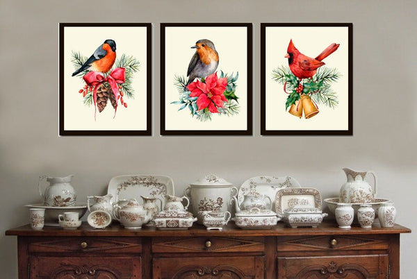 Holiday Christmas Wall Art Holiday Home Decor Print Set of 3 Birds Red Robin Pinecone Bells Poinsettia Dining Room Home Decor to Frame CM