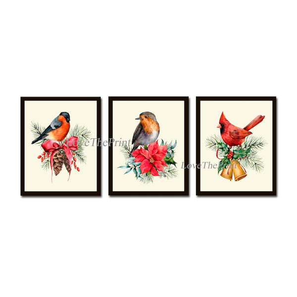 Holiday Christmas Wall Art Holiday Home Decor Print Set of 3 Birds Red Robin Pinecone Bells Poinsettia Dining Room Home Decor to Frame CM