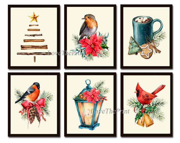 Christmas Holiday Print Set of 6 Wall Art Decor Antique Vintage Farmhouse Red Bird Blue Coffee Mug Christmas Tree Ornament to Decor Frame CM