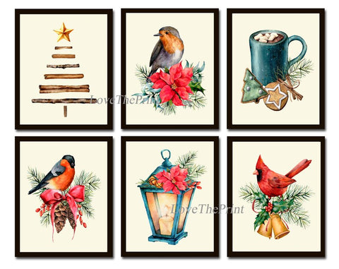 Christmas Holiday Print Set of 6 Wall Art Decor Antique Vintage Farmhouse Red Bird Blue Coffee Mug Christmas Tree Ornament to Decor Frame CM