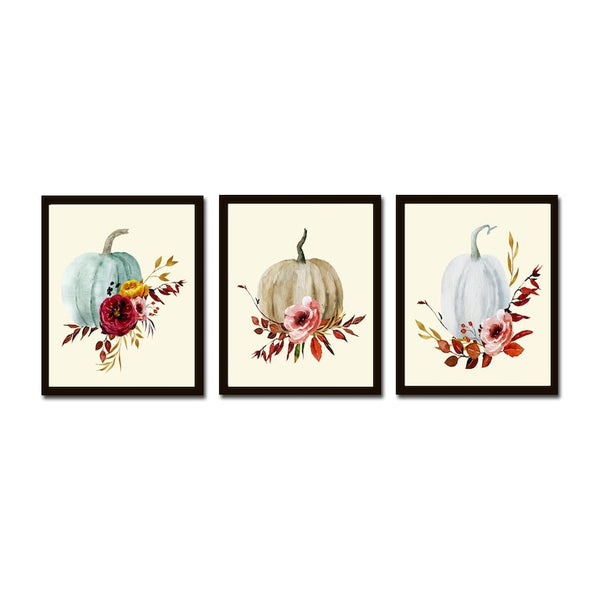 Thanksgiving Wall Art Fall Home Decor Prints Set of 3 Pretty Pumpkins Flowers Dining Room Hallway Office Fireplace Home Decor to Frame CM