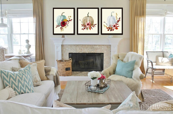 Thanksgiving Wall Art Fall Home Decor Prints Set of 3 Pretty Pumpkins Flowers Dining Room Hallway Office Fireplace Home Decor to Frame CM