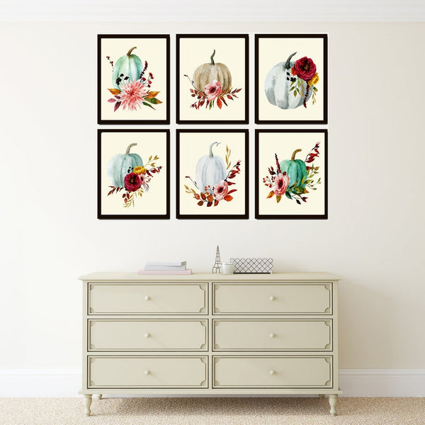 Pumpkins Wall Art Fall Home Decor Thanksgiving Fall Set of 6 Prints Flowers White Aqua Pink Farmhouse Cottage Gift Home Decor to Frame CM