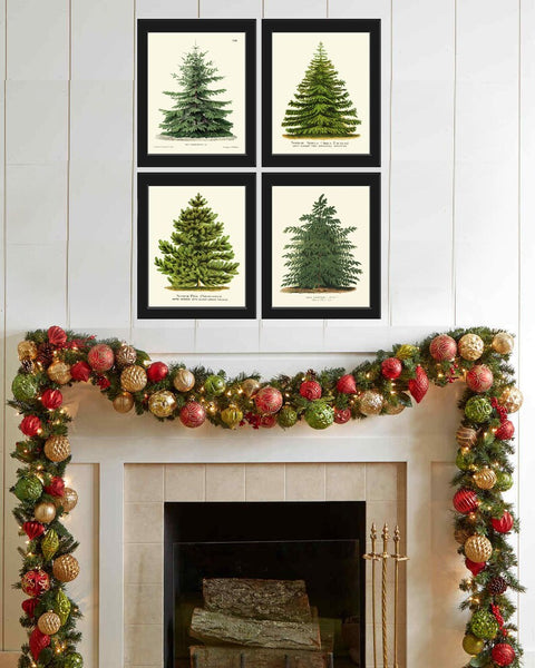 Christmas Wall Art Pine Tree Holiday Home Decor Print Set of 4 Pinetree Green Forest Country Outdoor Nature Fireplace Home Decor to Frame CM