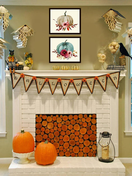Thanksgiving Wall Art Fall Home Decor Pumpkins Flowers Print Set of 2 Botanical Poster Living Dining Room Fireplace Home Decor to Frame CM