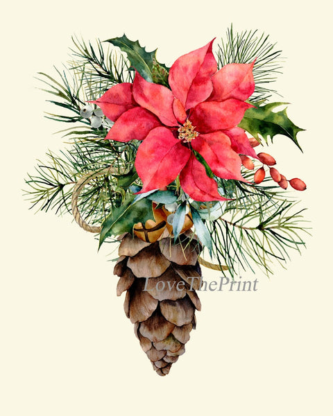 Christmas Wall Art Holiday Home Decor Print Set of 4 Bells Pinecone Lantern Bird Red Poinsettia Dining Room Fireplace Home Decor to Frame CM