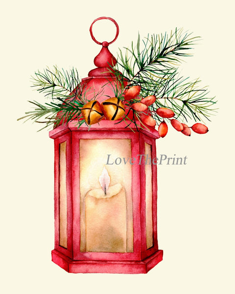 Christmas Wall Art Holiday Home Decor Print Set of 4 Bells Pinecone Lantern Bird Red Poinsettia Dining Room Fireplace Home Decor to Frame CM