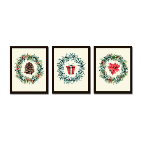 Christmas Wall Art Holiday Home Decor Print Set of 3 Pinecone Gift Boxe Red Poinsettia Wreath Dining Room Fireplace Home Decor to Frame CM