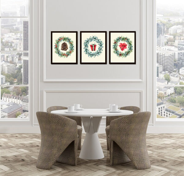 Christmas Wall Art Holiday Home Decor Print Set of 3 Pinecone Gift Boxe Red Poinsettia Wreath Dining Room Fireplace Home Decor to Frame CM