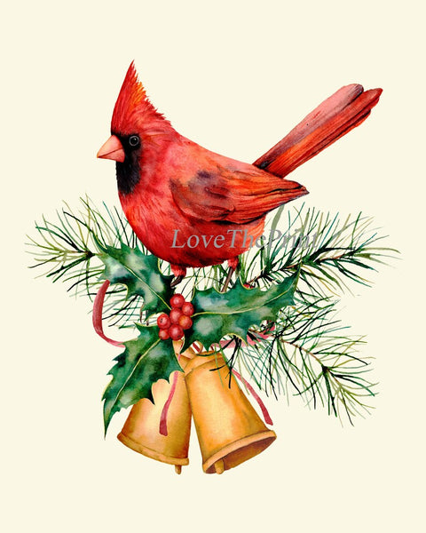 Holiday Christmas Wall Art Holiday Home Decor Print Set of 3 Birds Red Robin Pinecone Bells Poinsettia Dining Room Home Decor to Frame CM