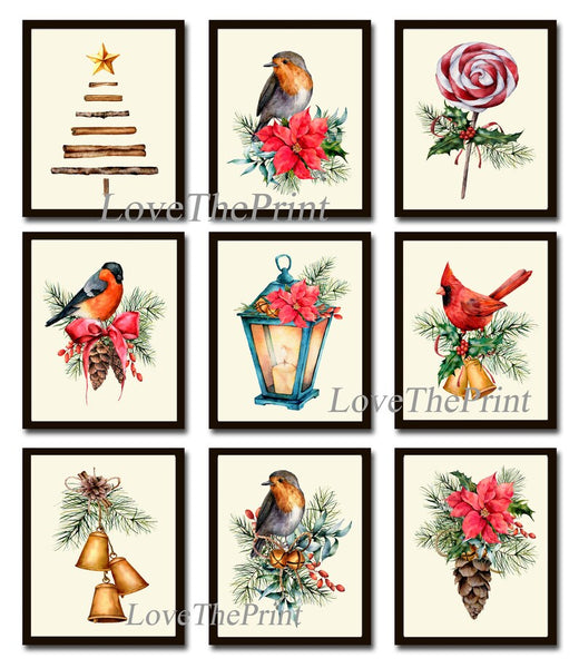 Christmas Wall Art Holiday Set of 9 Prints Beautiful Birds Coffee Mug Lanterns Bell Interior Design Large Gallery Home Decor to Frame CM