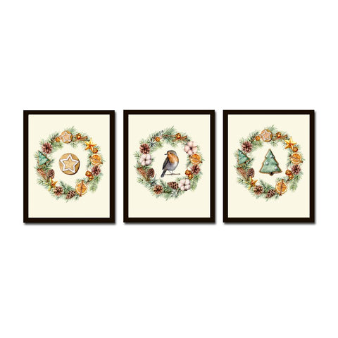 Christmas Wall Art Holiday Home Decor Print Set of 3 Pinecone Wreath Cookie Bird Christmas Tree Green Nature Fireplace Decor to Frame CM