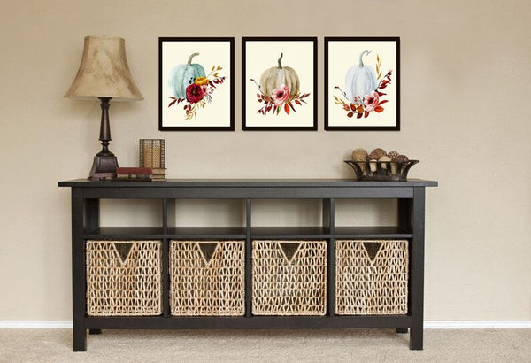 Thanksgiving Wall Art Fall Home Decor Prints Set of 3 Pretty Pumpkins Flowers Dining Room Hallway Office Fireplace Home Decor to Frame CM
