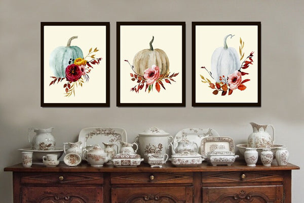 Thanksgiving Wall Art Fall Home Decor Prints Set of 3 Pretty Pumpkins Flowers Dining Room Hallway Office Fireplace Home Decor to Frame CM