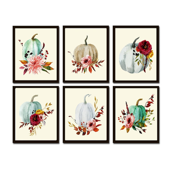 Pumpkins Wall Art Fall Home Decor Thanksgiving Fall Set of 6 Prints Flowers White Aqua Pink Farmhouse Cottage Gift Home Decor to Frame CM