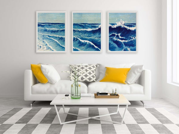 Blue Sea Ocean Wall Art Print Set of 3 Beautiful Vintage Japanese Seascape Waves Nautical Beach House Tropical Home Decor to Frame SEAS1