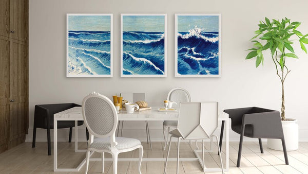 Blue Sea Ocean Wall Art Print Set of 3 Beautiful Vintage Japanese Seascape Waves Nautical Beach House Tropical Home Decor to Frame SEAS1