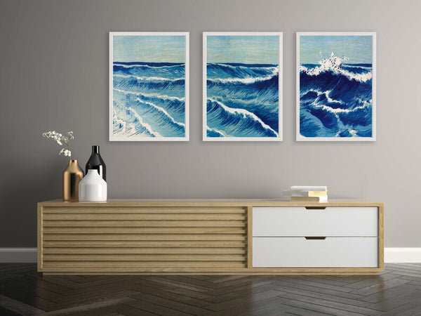 Blue Sea Ocean Wall Art Print Set of 3 Beautiful Vintage Japanese Seascape Waves Nautical Beach House Tropical Home Decor to Frame SEAS1
