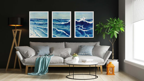 Blue Sea Ocean Wall Art Print Set of 3 Beautiful Vintage Japanese Seascape Waves Nautical Beach House Tropical Home Decor to Frame SEAS1