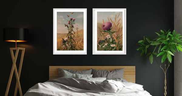 Thistle Prints Wall Art Set of 2 Beautiful Antique Vintage Wildflower Butterfly Daisies Country Farm Spring Summer Home Decor to Frame FLOW4