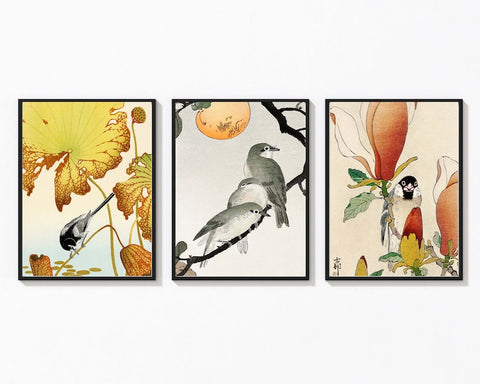 Japanese Bird Wall Art Prints Set of 3 Beautiful Vintage Antique Bird Drawing Painting Illustration Flowers Home Room Decor to Frame BIRD5