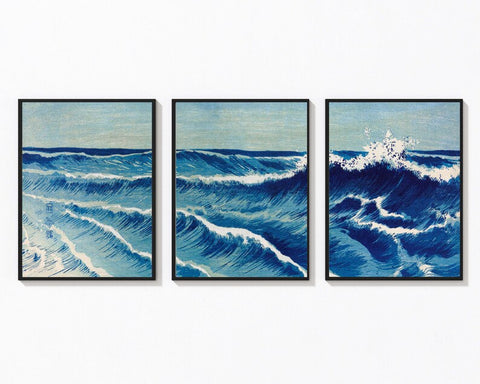 Blue Sea Ocean Wall Art Print Set of 3 Beautiful Vintage Japanese Seascape Waves Nautical Beach House Tropical Home Decor to Frame SEAS1