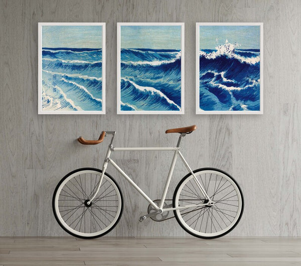 Blue Sea Ocean Wall Art Print Set of 3 Beautiful Vintage Japanese Seascape Waves Nautical Beach House Tropical Home Decor to Frame SEAS1