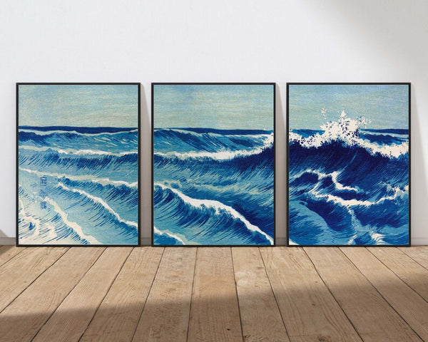 Blue Sea Ocean Wall Art Print Set of 3 Beautiful Vintage Japanese Seascape Waves Nautical Beach House Tropical Home Decor to Frame SEAS1